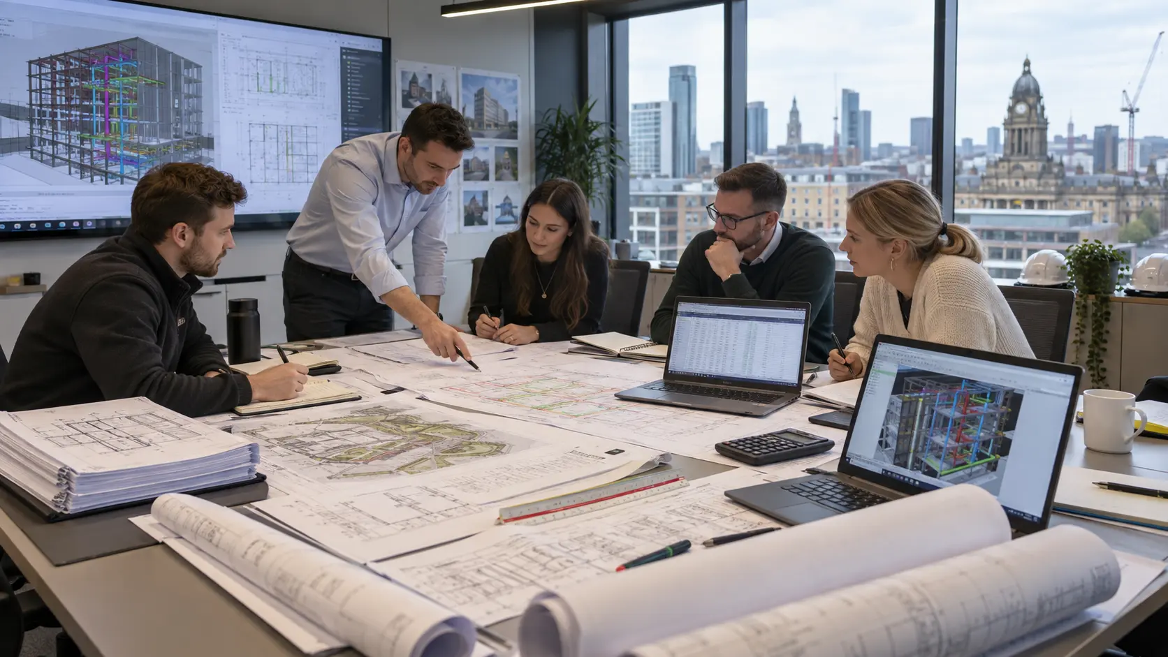 Leeds construction estimating team reviewing architectural structural civil and MEP drawings with quantity takeoff and cost information