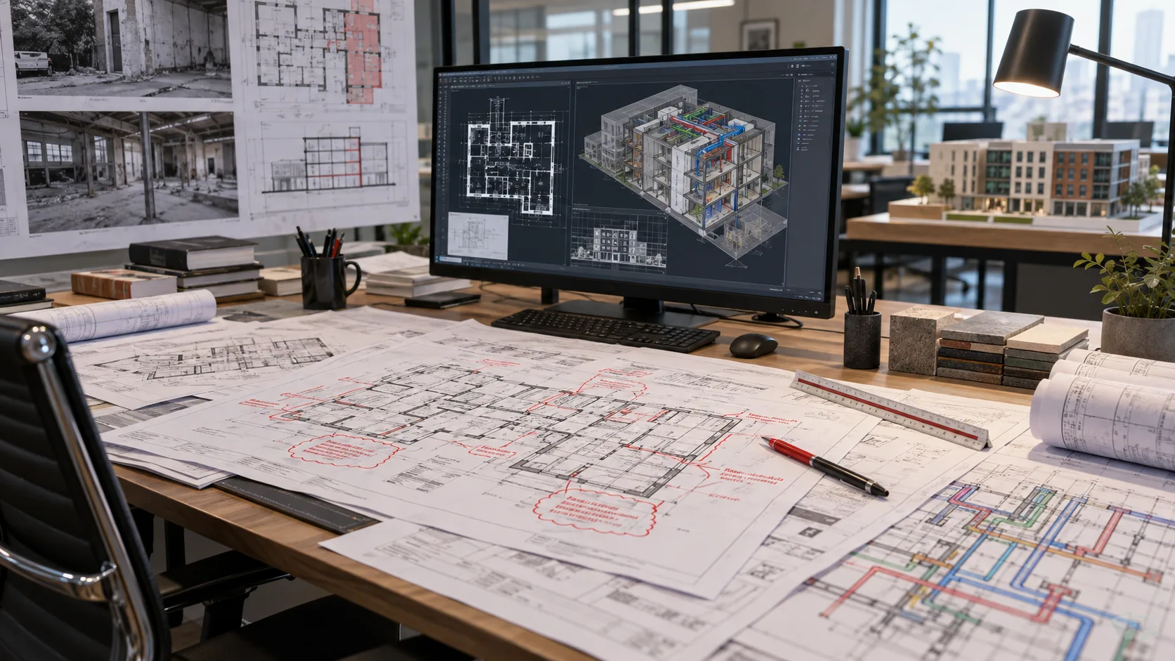 Pennsylvania CAD drafting workflow reviewing redevelopment renovation architectural structural and MEP drawings with redline markups