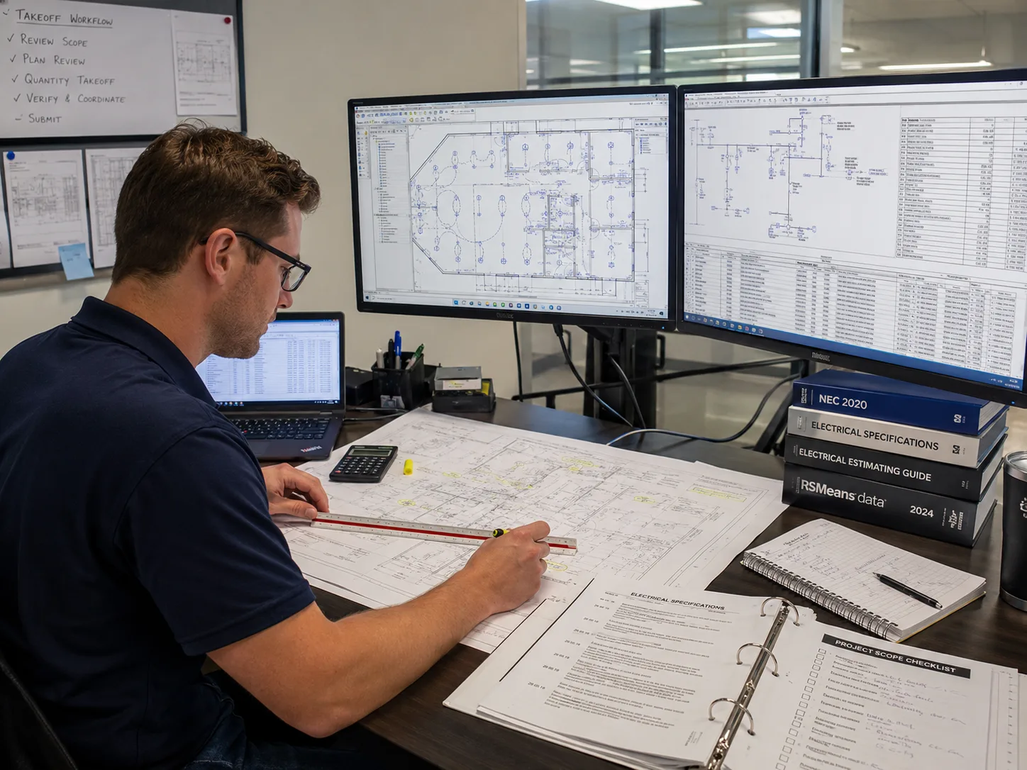 Electrical quantity takeoff workflow reviewing electrical plans specifications schedules and project scope