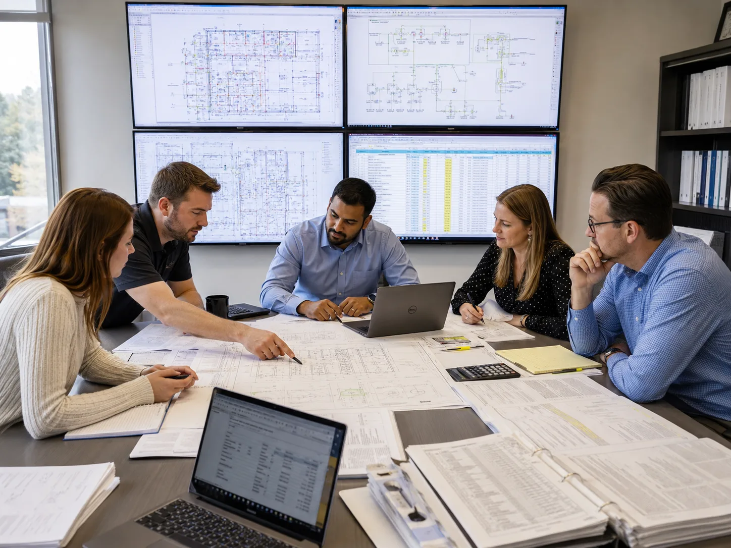 Electrical takeoff team reviewing electrical drawings quantity reports and project documentation