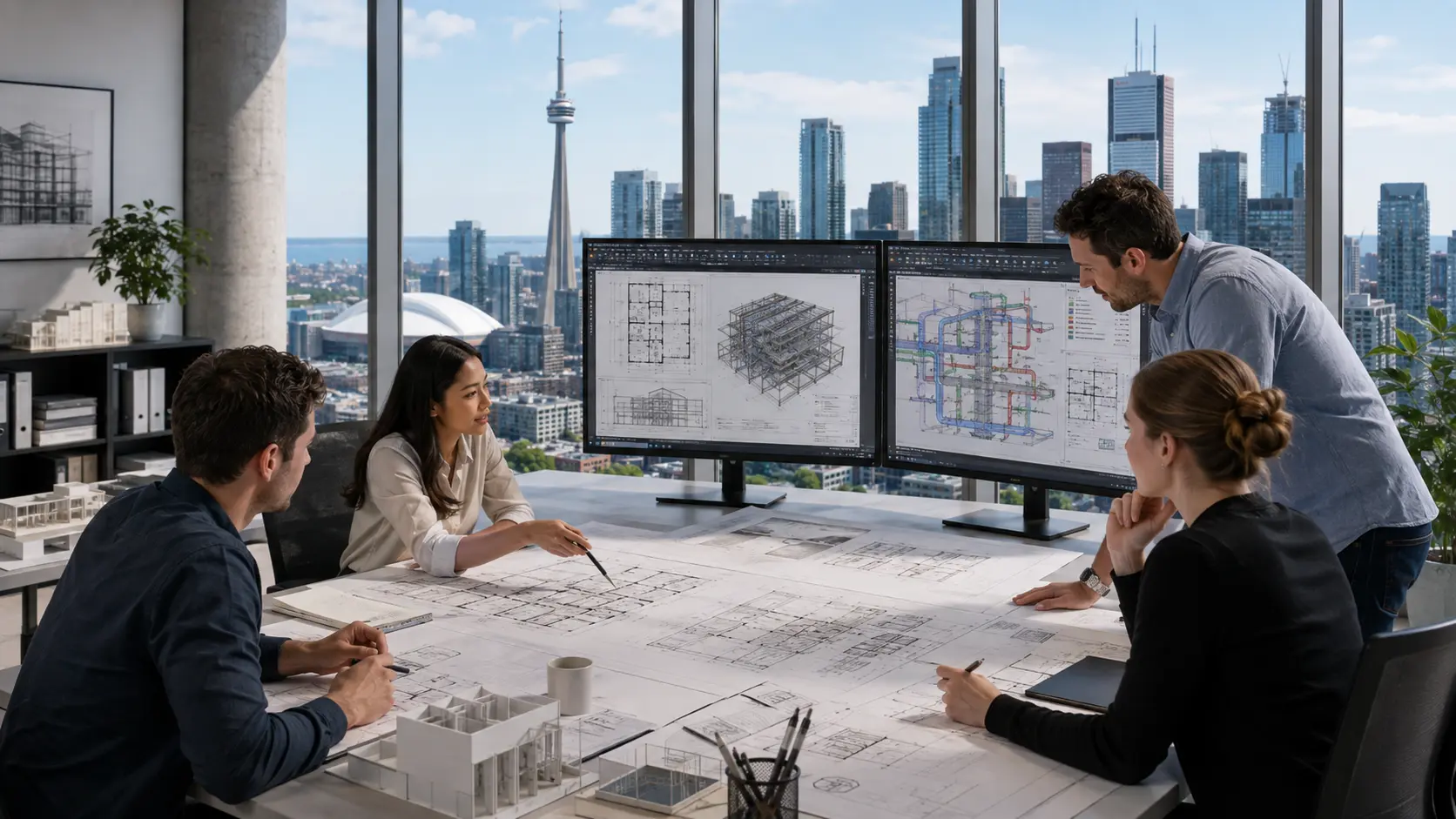 Toronto CAD drafting team reviewing architectural structural and MEP construction drawings