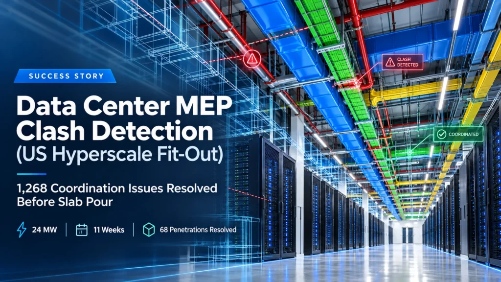 Data Center MEP Clash Detection for a US hyperscale fit out showing coordinated BIM and MEP systems
