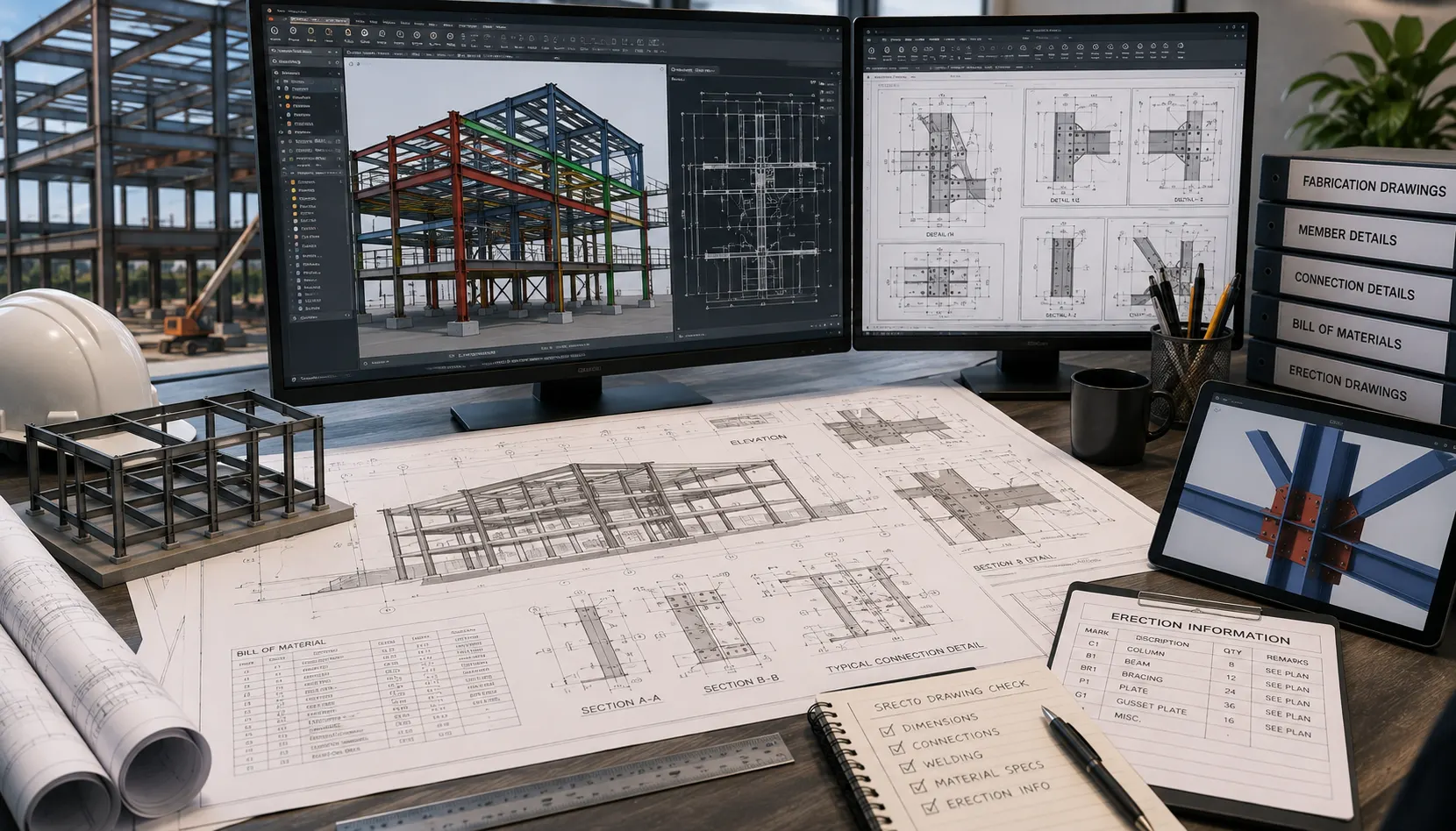 Structural steel shop drawing services showing fabrication drawings member details connections and erection information