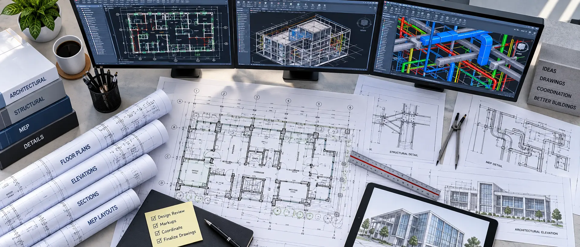 CAD drafting workflow reviewing architectural structural and MEP drawings for Ras Al Khaimah projects
