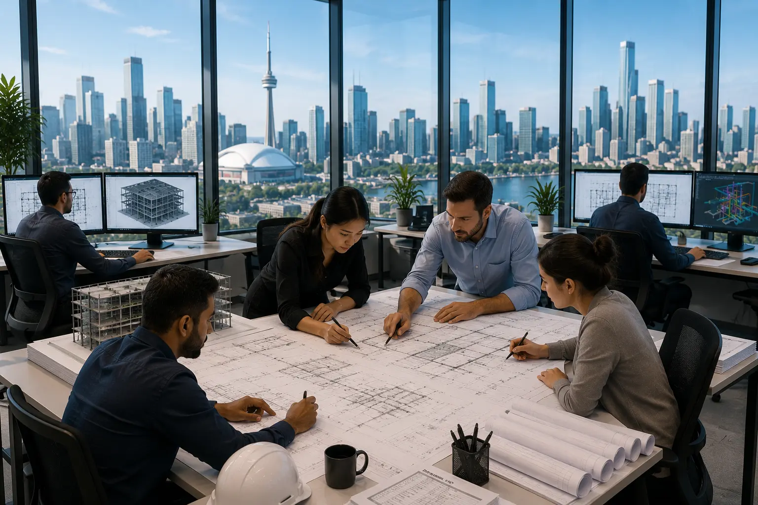 Toronto CAD drafting team reviewing large multidisciplinary construction drawing packages