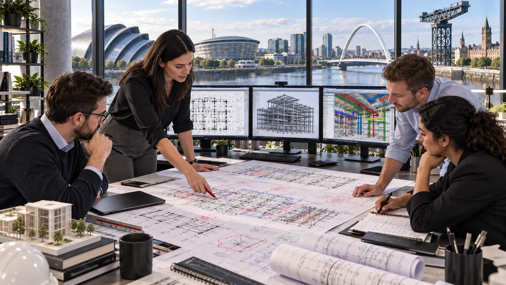 Glasgow CAD drafting team reviewing architectural structural and MEP drawing markups