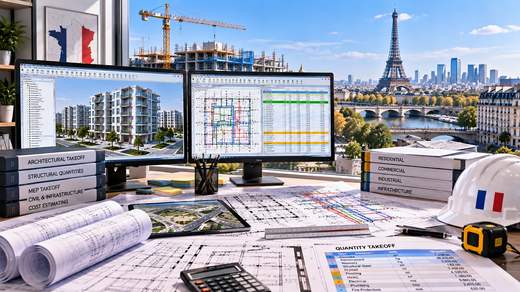 France construction takeoff team reviewing architectural structural and MEP project drawings