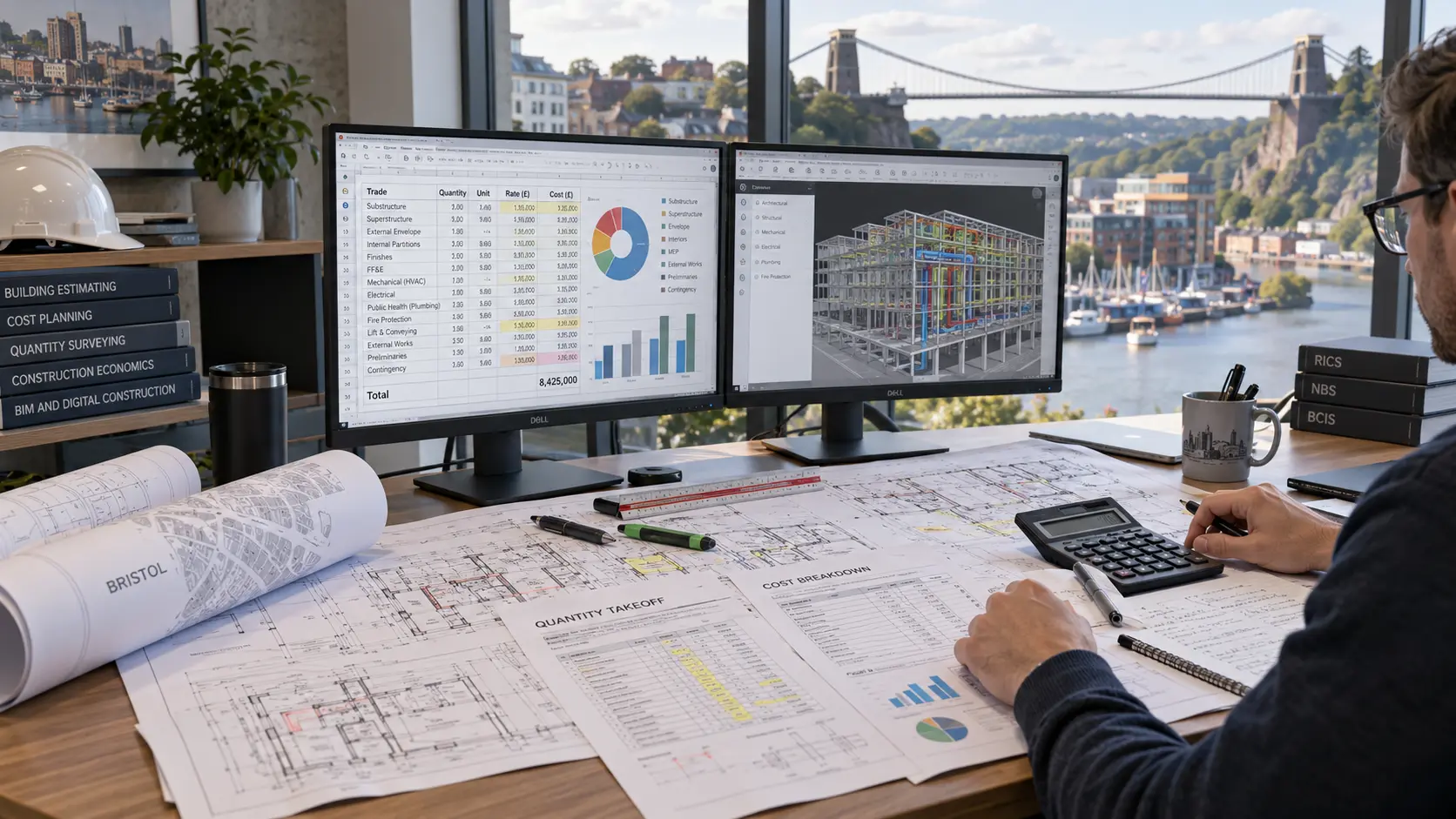 Construction estimating workflow reviewing drawings quantities and trade costs for Bristol projects