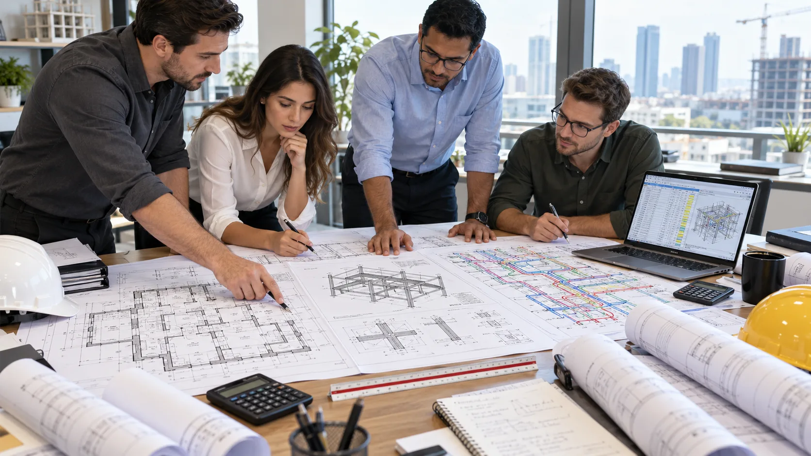 Netherlands construction quantity takeoff team reviewing architectural structural and MEP drawings