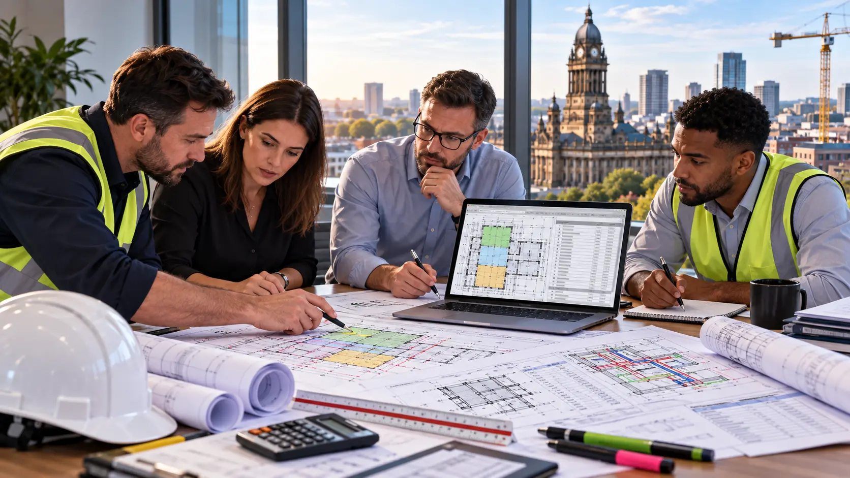 Leeds construction takeoff team reviewing architectural structural and MEP drawings with measured quantities