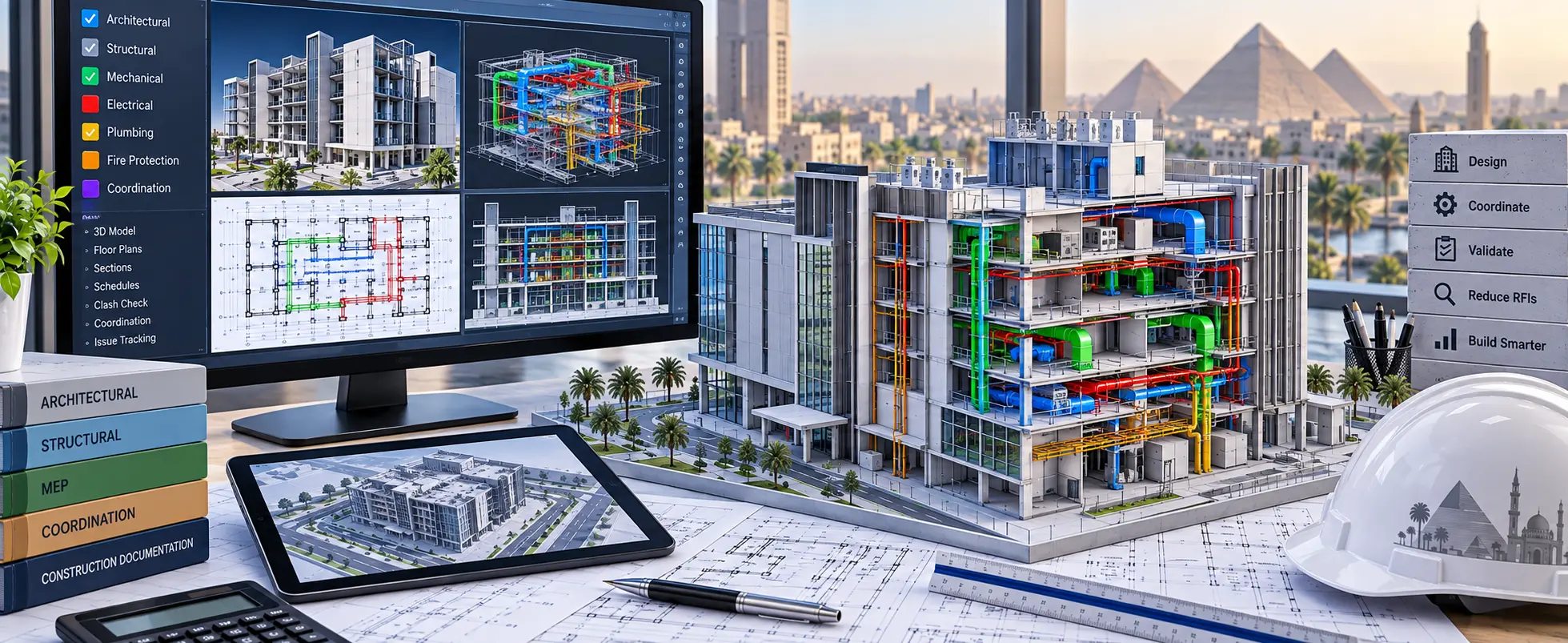 Multidisciplinary BIM model showing coordinated architectural structural and MEP systems for Egypt projects