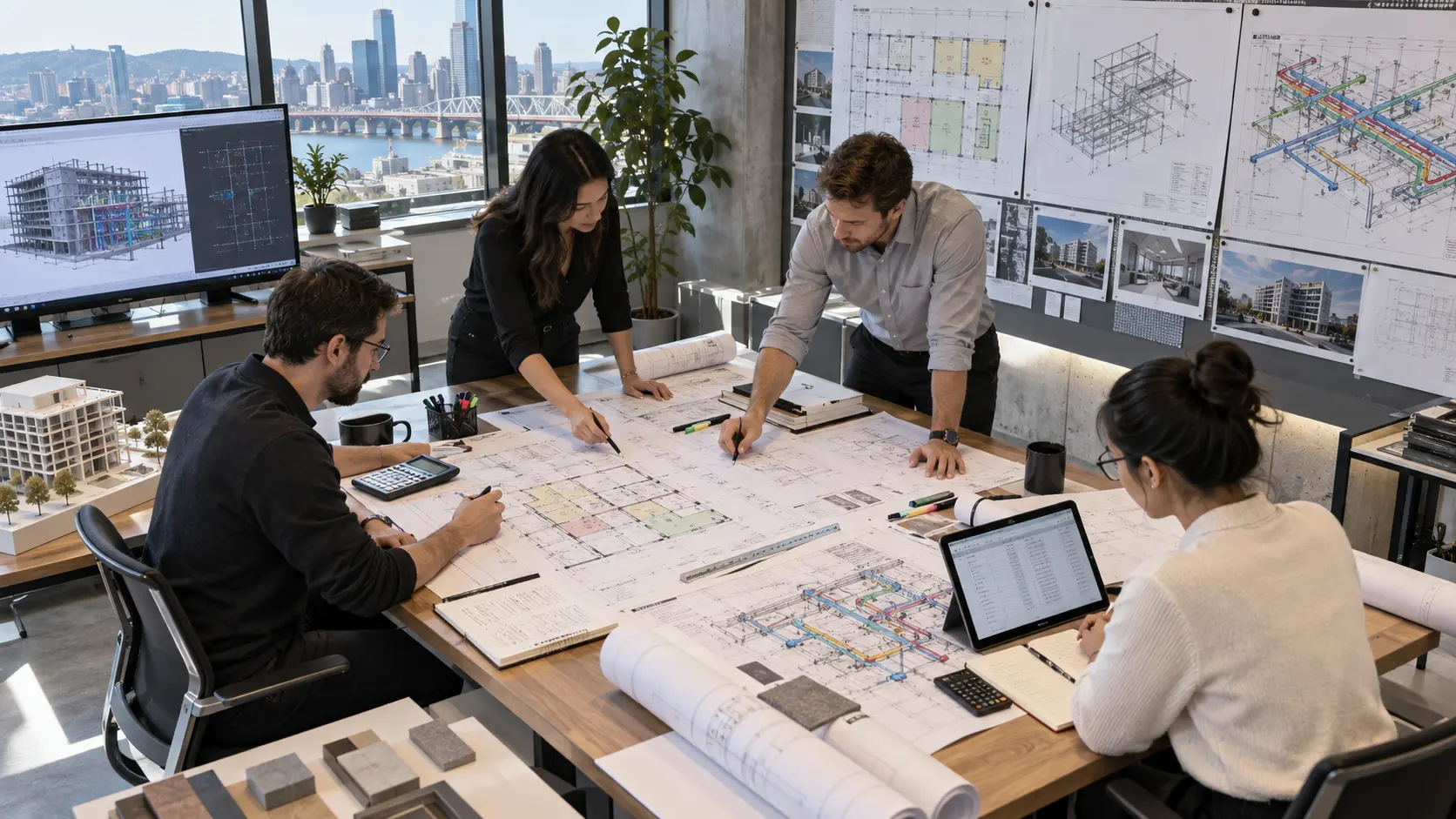 Montreal construction quantity takeoff team reviewing commercial residential industrial infrastructure and MEP project drawings