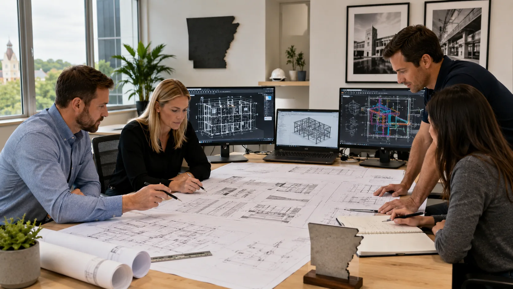 Arkansas CAD drafting team reviewing architectural structural and MEP construction drawings