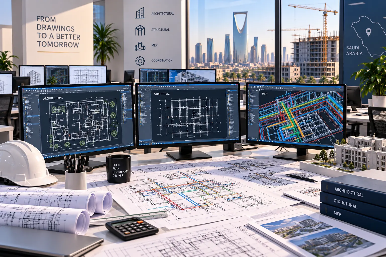 Glasgow CAD drafting team reviewing architectural structural and MEP construction drawings