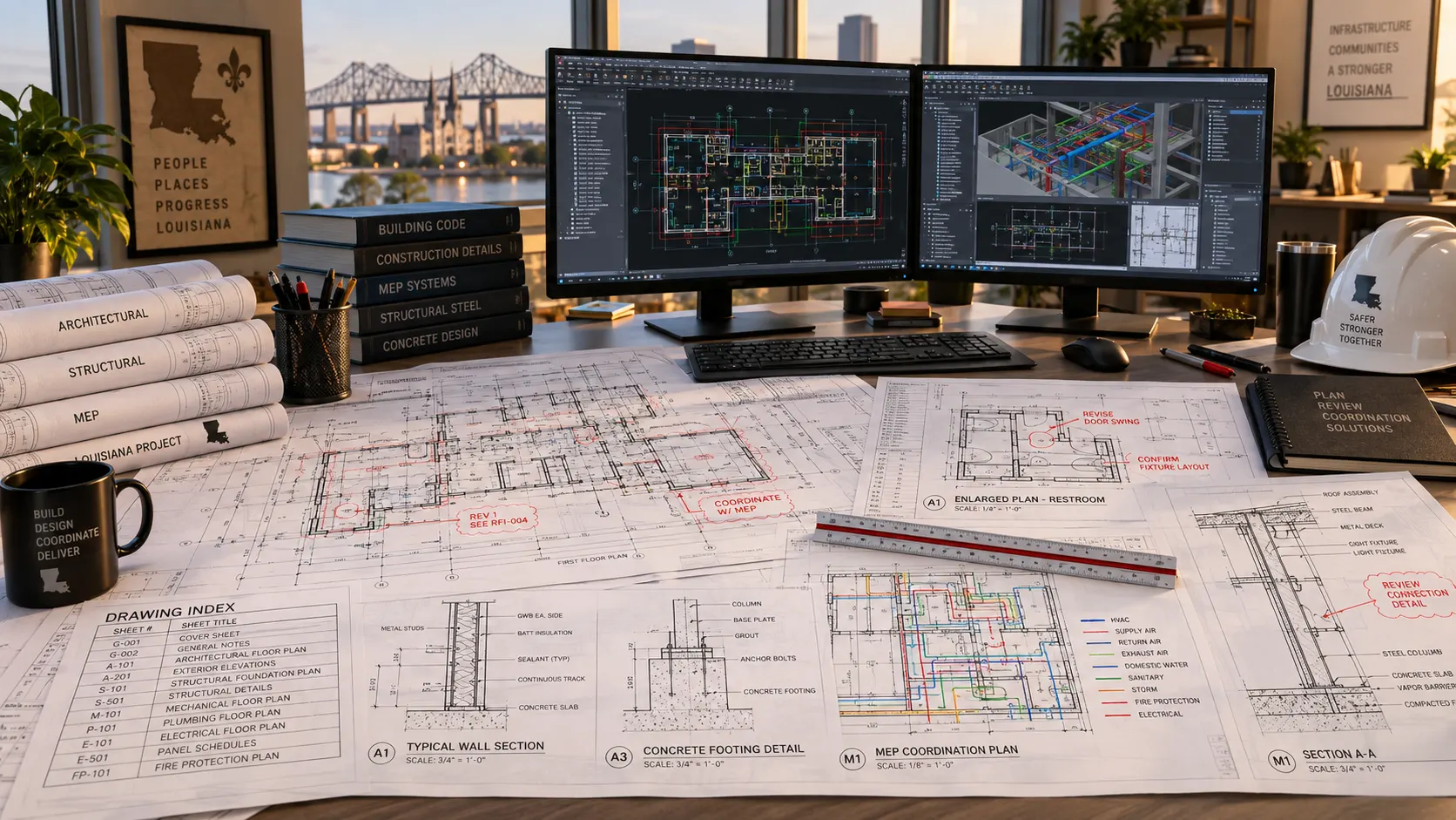 Project drawings markups and technical information reviewed for CAD drafting services in Louisiana