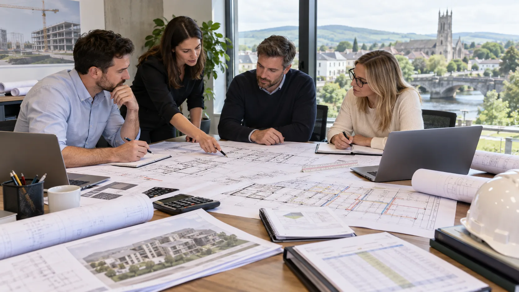 Carlow construction estimating team reviewing architectural structural and MEP drawings