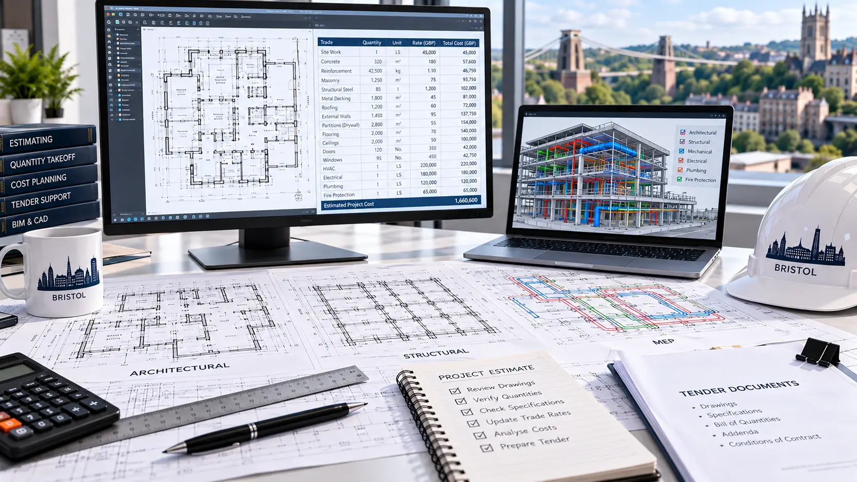 Bristol construction estimating workflow reviewing architectural structural and MEP drawings quantities and tender information