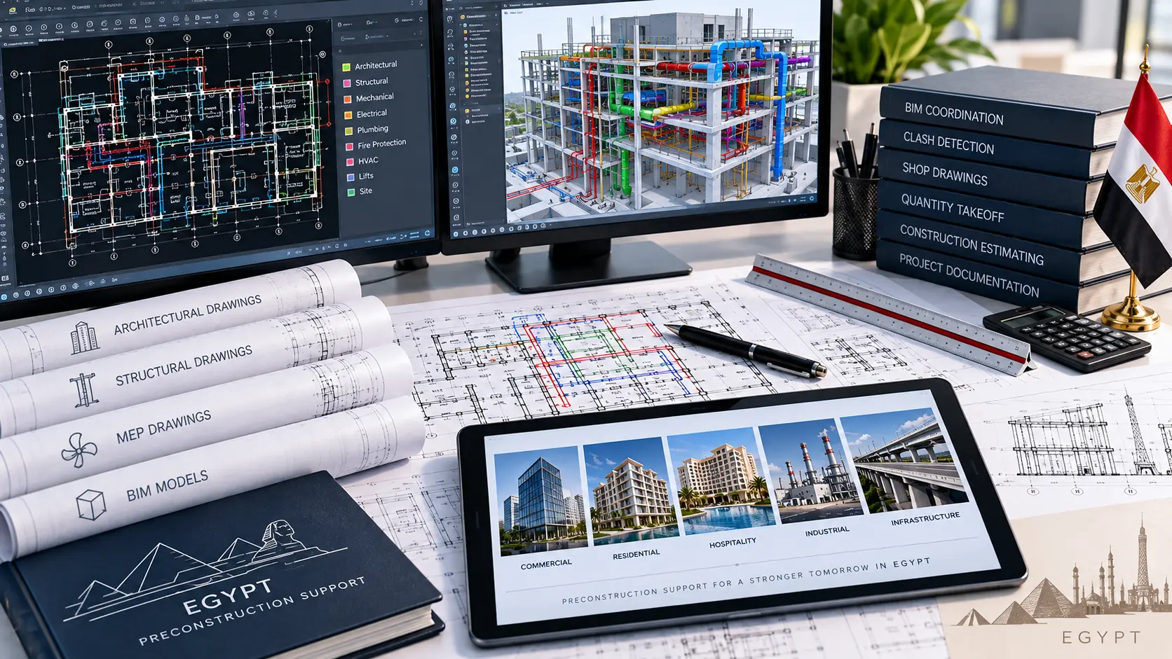 Egypt preconstruction workflow reviewing architectural structural MEP drawings and BIM project models