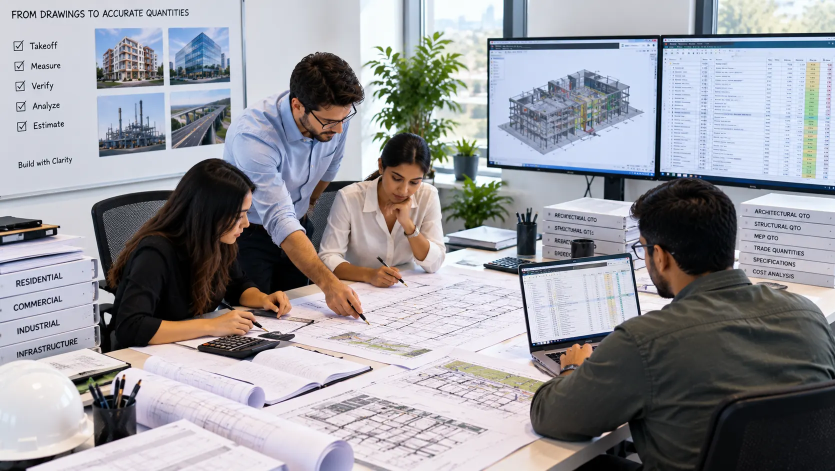 Netherlands construction quantity takeoff team reviewing large residential commercial industrial and infrastructure drawing packages