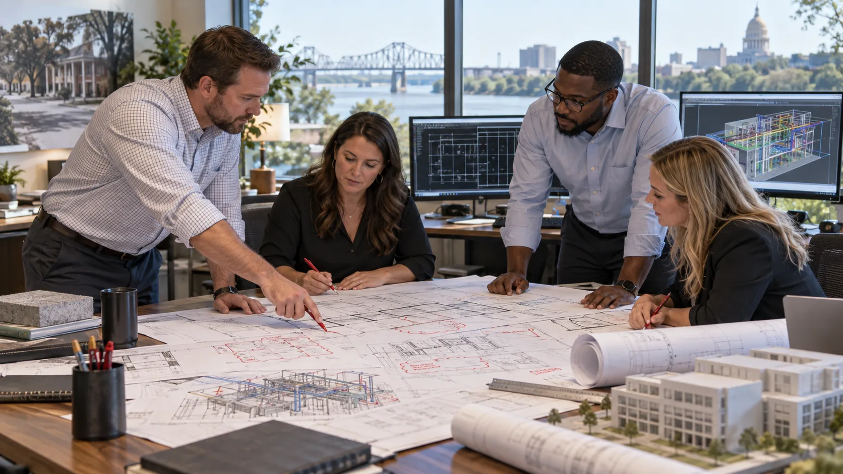 Mississippi CAD drafting team reviewing architectural structural and MEP drawings with redlines