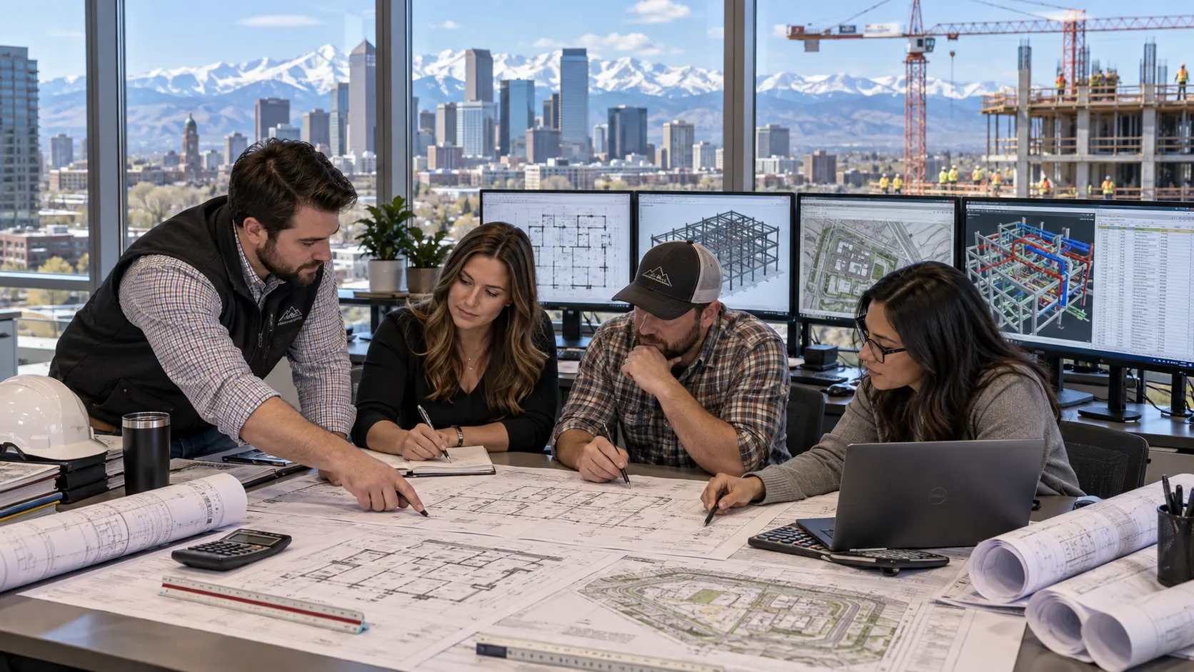 Colorado construction estimating team reviewing architectural structural civil and MEP drawings
