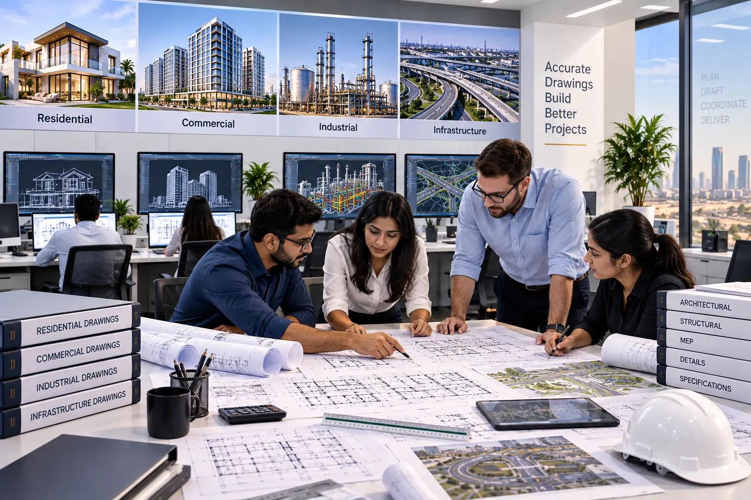 Glasgow CAD drafting team reviewing residential commercial industrial and infrastructure drawing packages