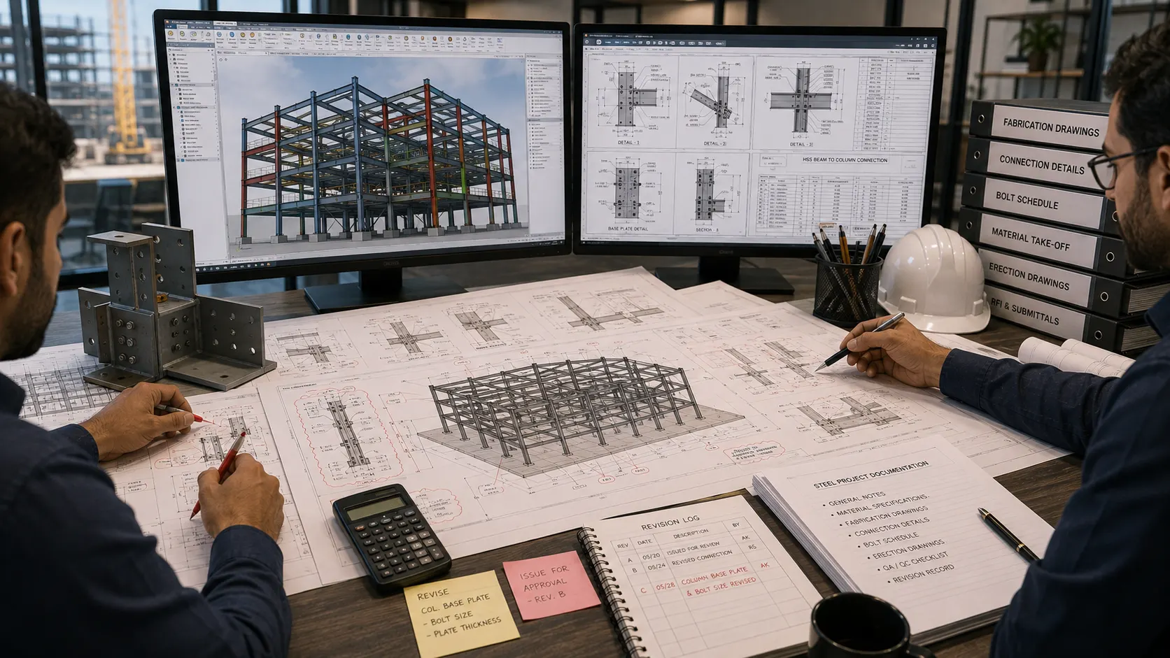Steel shop drawing team reviewing structural fabrication drawings and steel project documentation