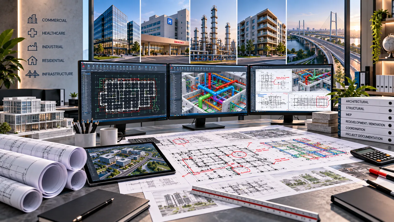 Pennsylvania CAD drafting team reviewing commercial healthcare industrial residential and infrastructure project drawings