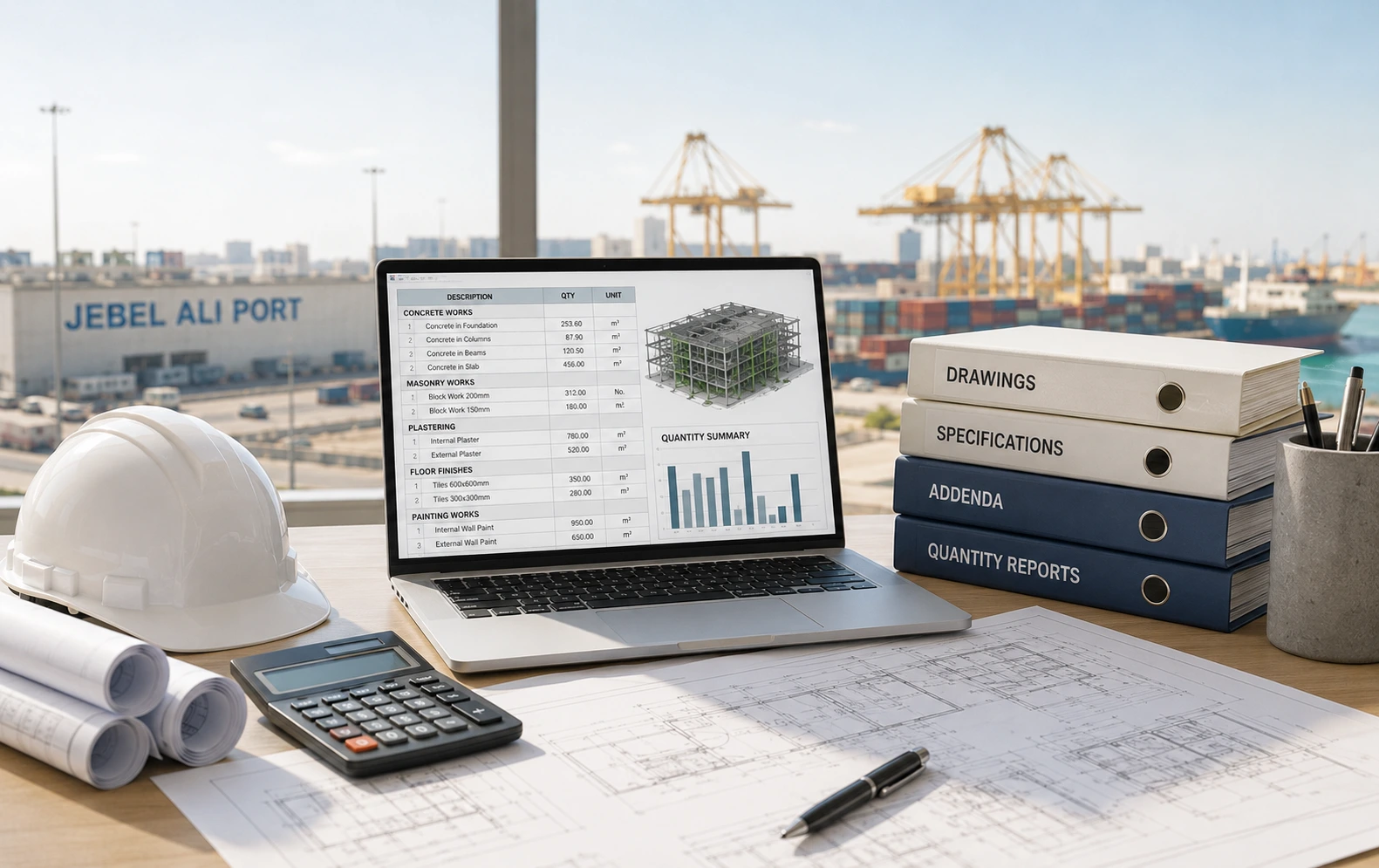 Jebel Ali construction takeoff workflow reviewing drawings specifications addenda and trade quantities