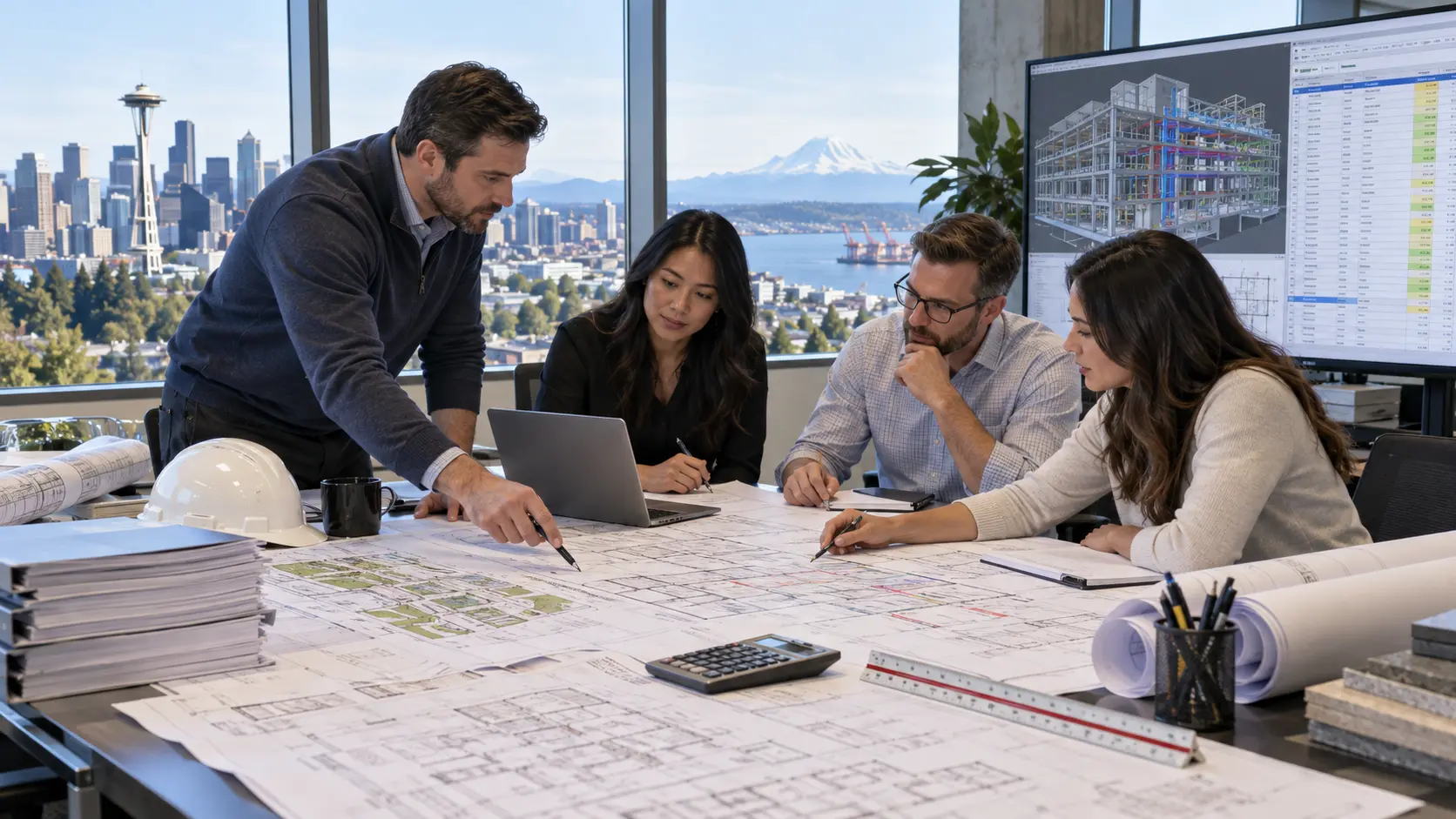 Construction estimating team reviewing architectural structural and MEP drawings for a Washington project