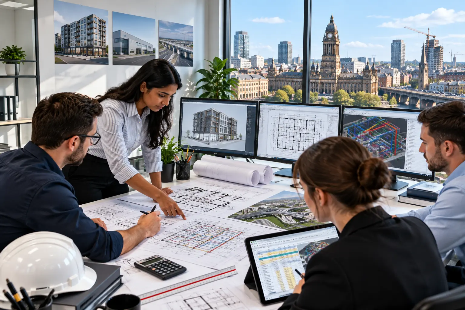 Leeds construction takeoff team reviewing residential commercial and infrastructure project drawings
