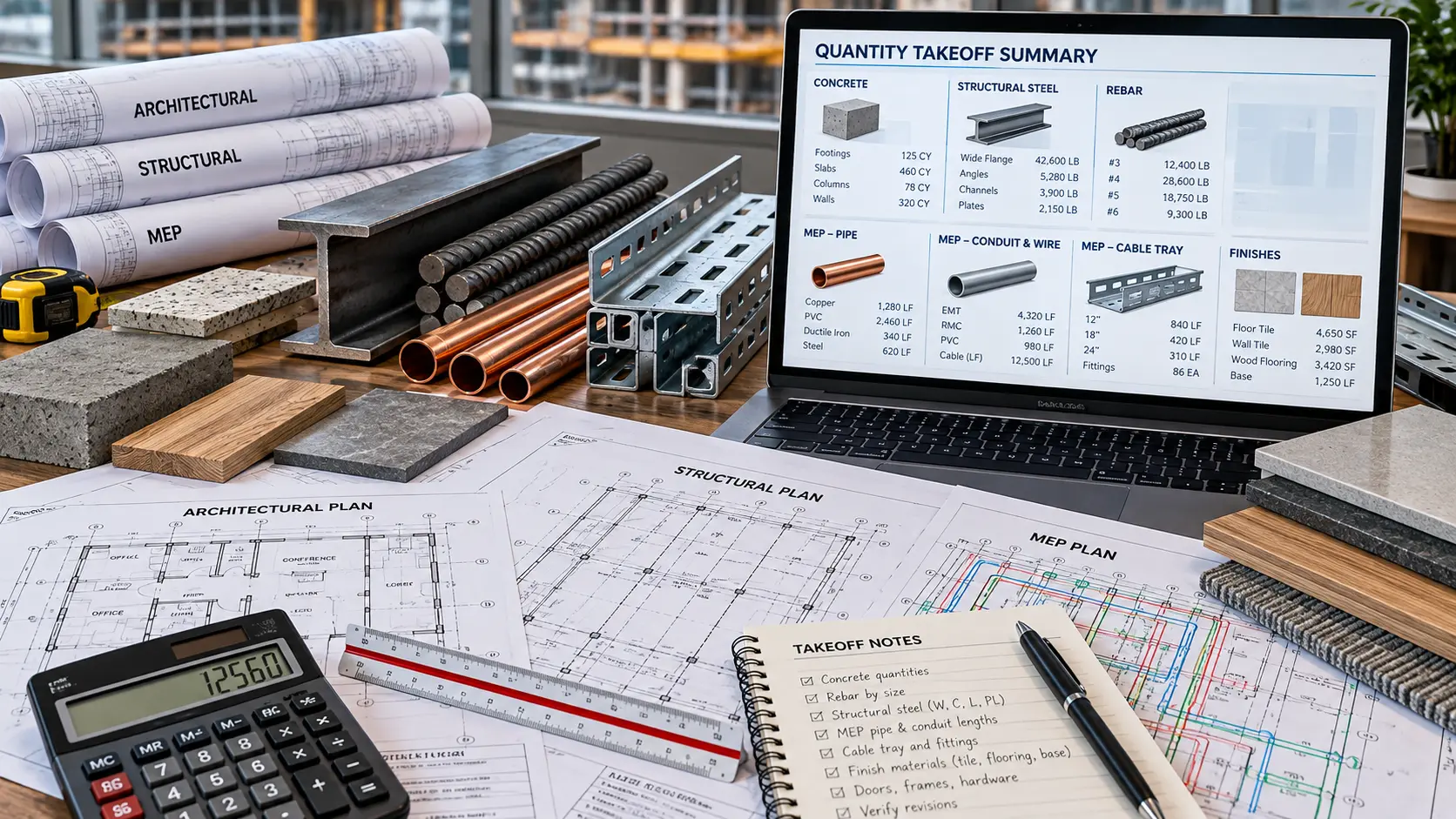 Construction takeoff workflow reviewing drawings specifications and quantities for Florida projects