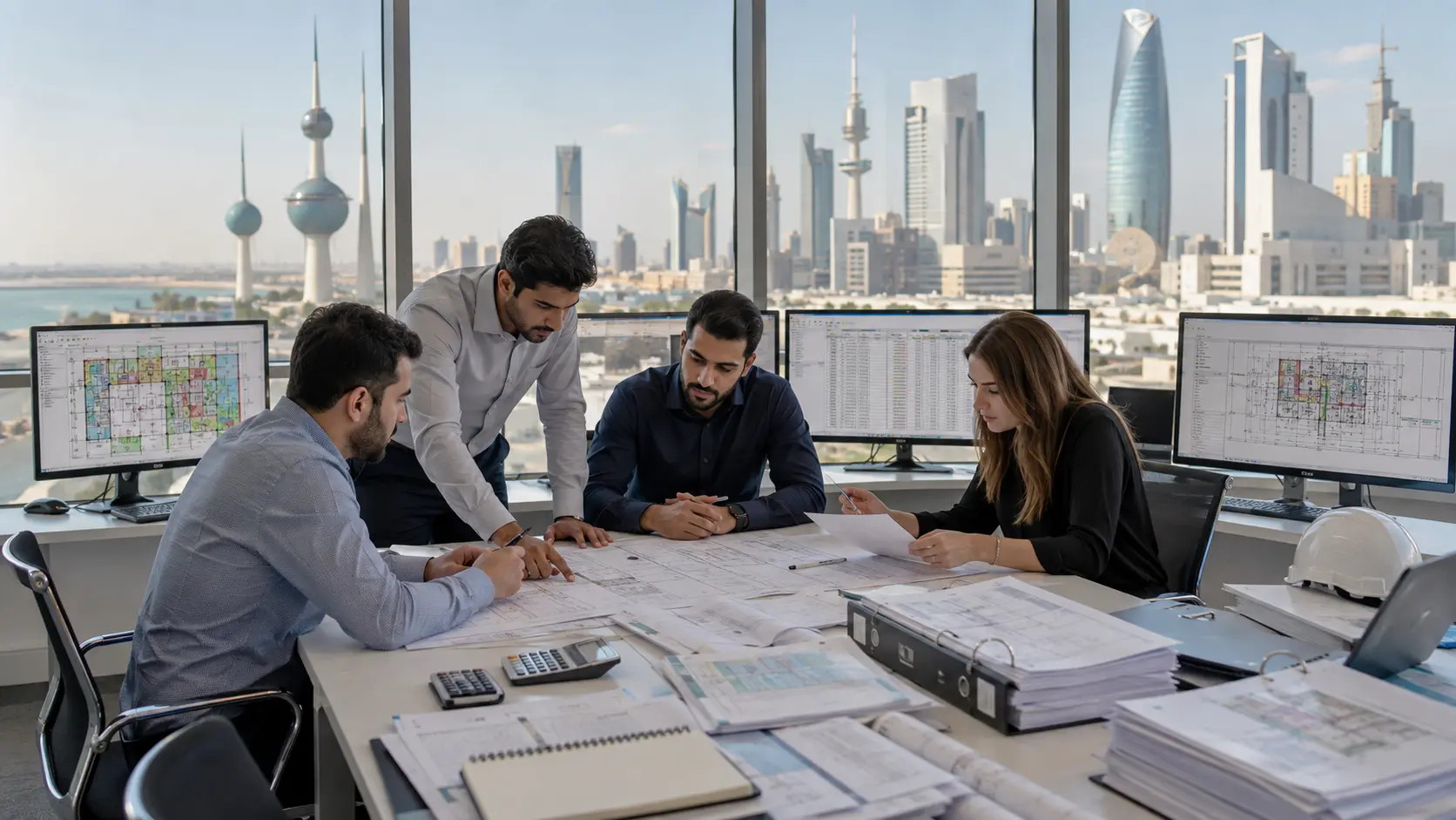 Kuwait construction takeoff team reviewing quantity reports trade drawings and project documentation