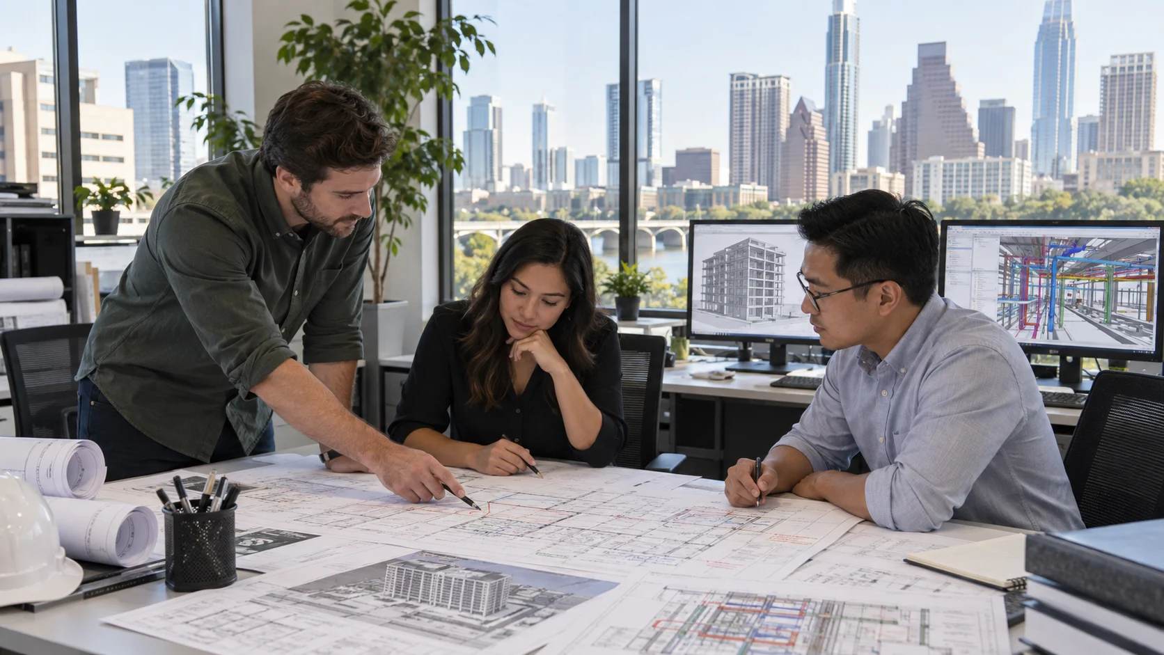 Austin CAD drafting team reviewing architectural structural and MEP construction drawings