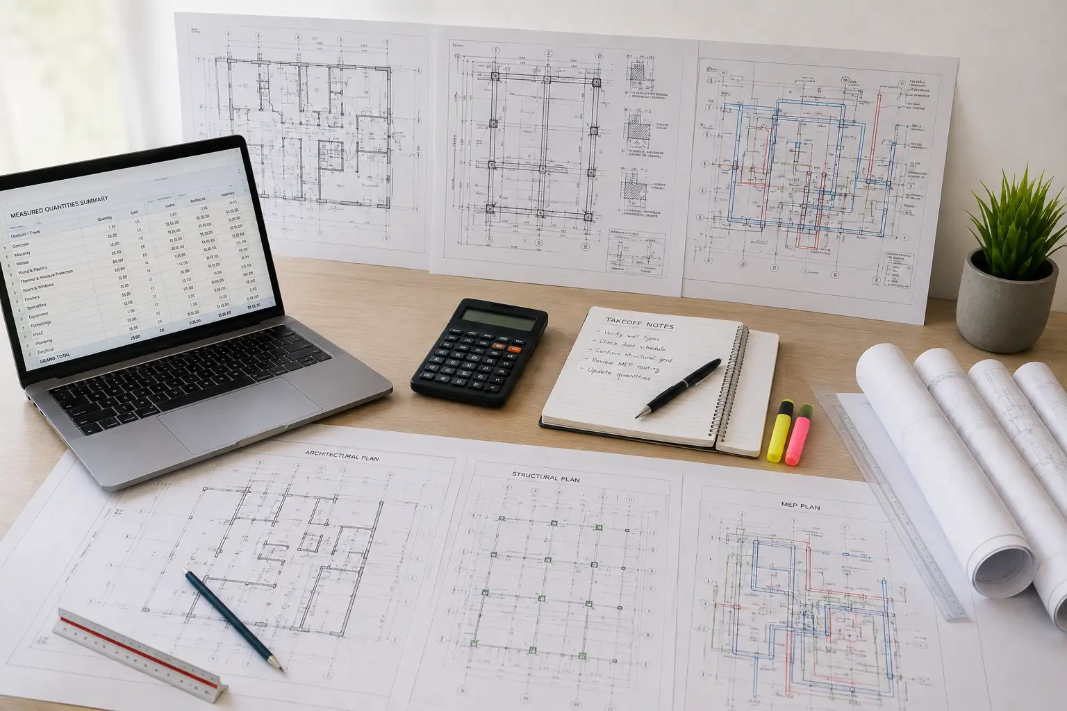Winnipeg construction takeoff workflow reviewing architectural structural and MEP drawings with measured quantities