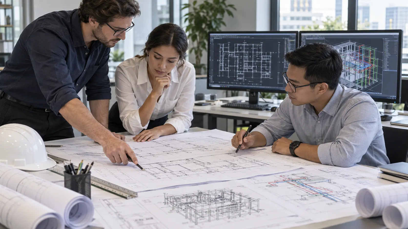 Hawaii CAD drafting team reviewing architectural structural and MEP construction drawings