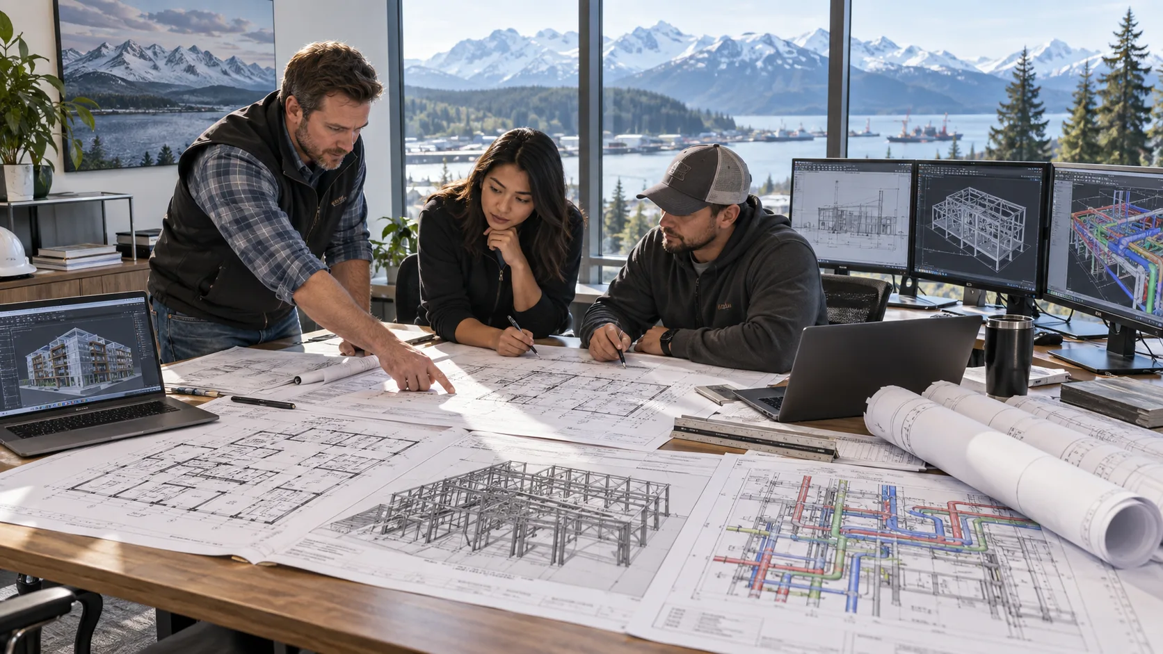 Alaska CAD drafting team reviewing architectural structural and MEP construction drawings