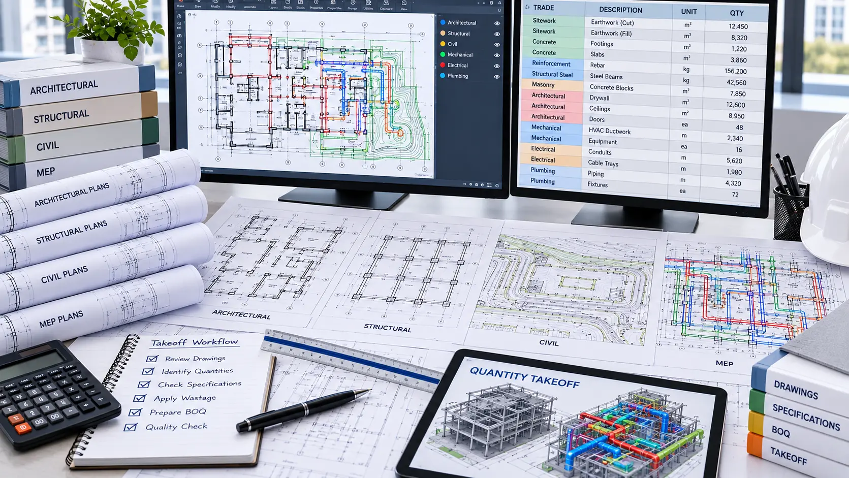 Construction takeoff workflow reviewing architectural structural civil and MEP drawings for Georgia projects