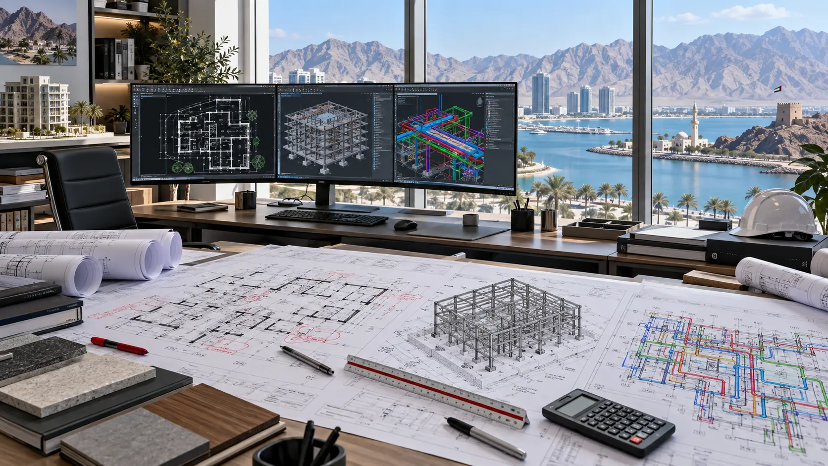 CAD drafting workflow reviewing architectural structural and MEP drawings for Ras Al Khaimah projects