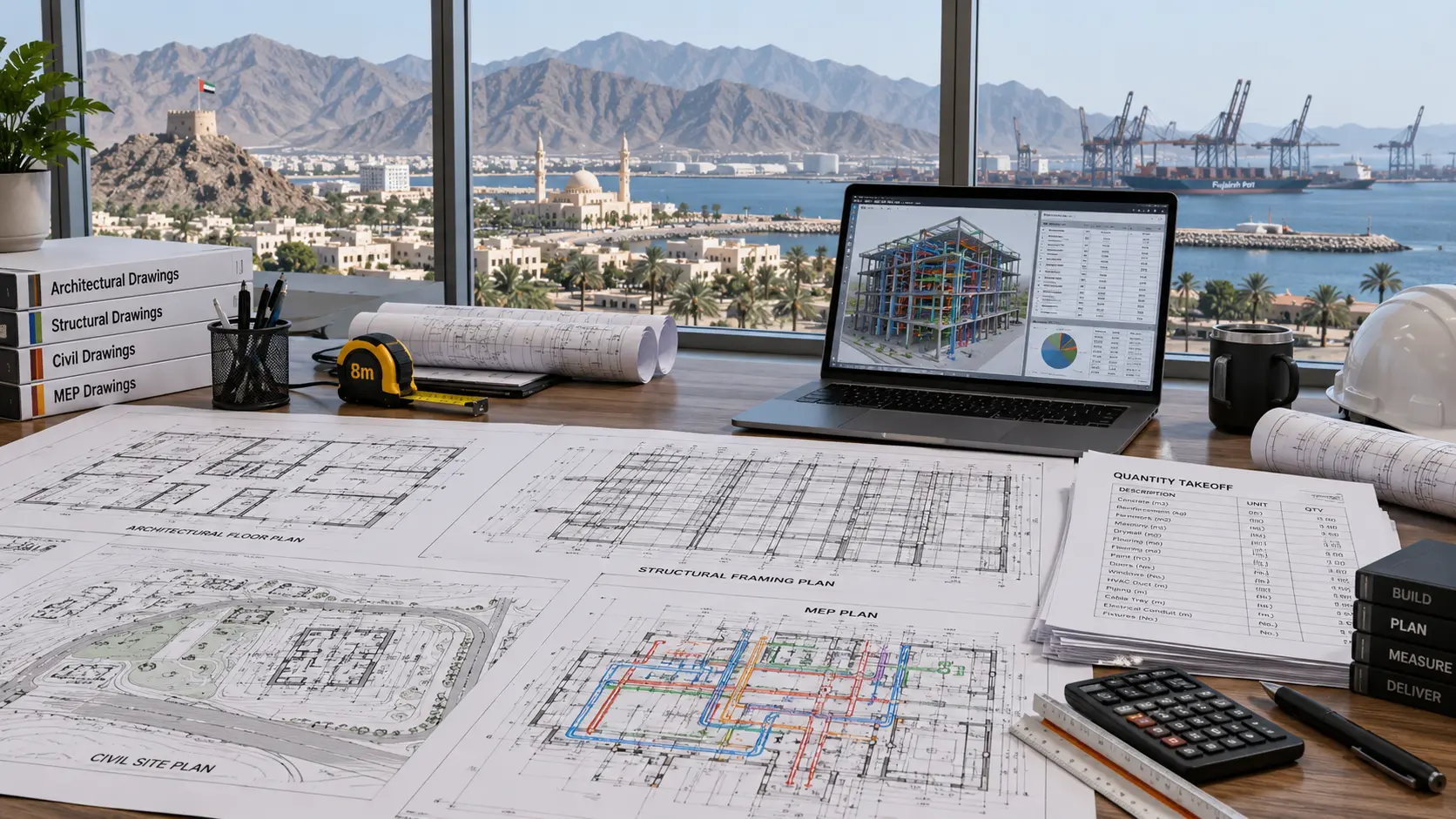 Construction takeoff workflow reviewing architectural structural civil and MEP drawings for Fujairah projects
