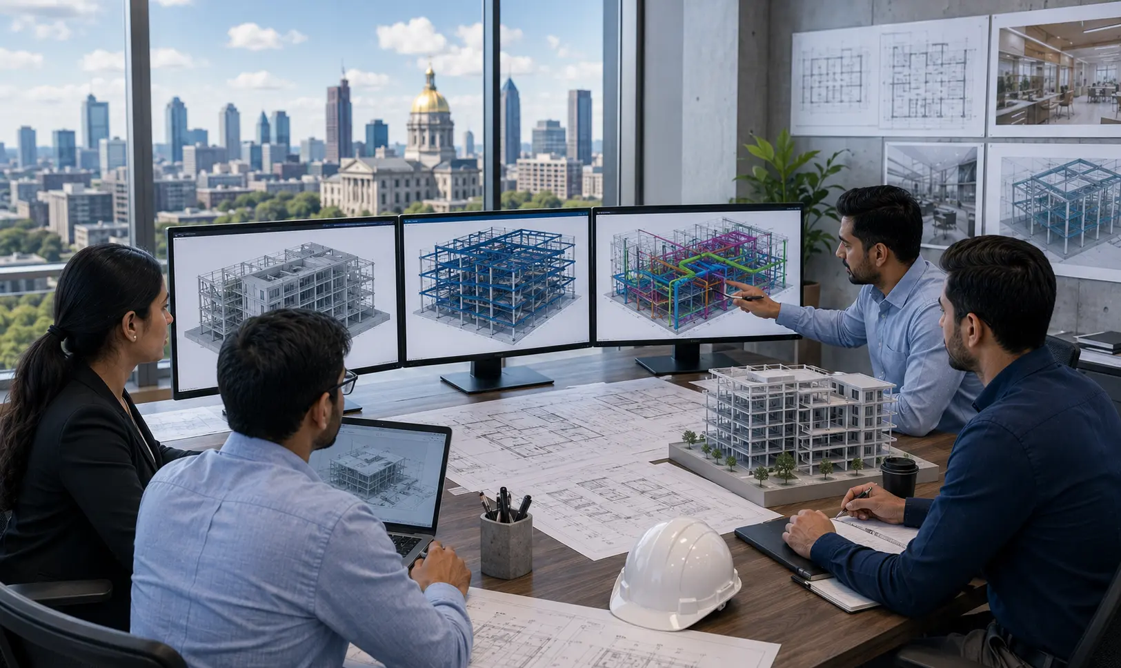Georgia BIM modeling team reviewing coordinated building models and project documentation
