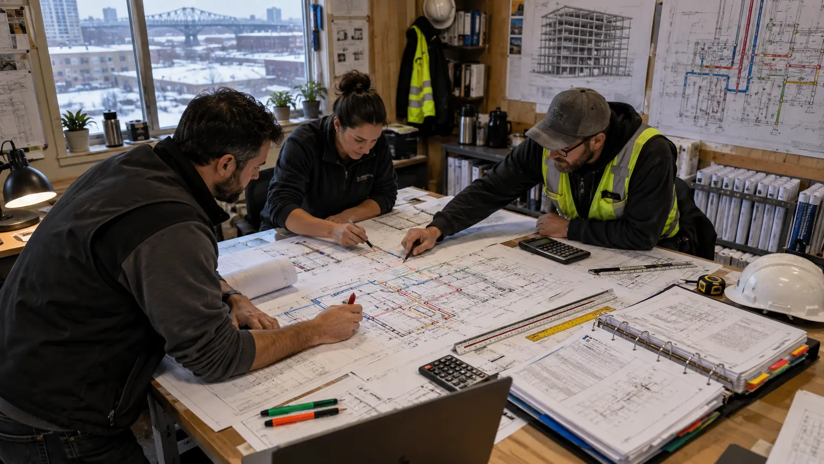 Montreal construction takeoff team reviewing architectural structural and MEP project drawings