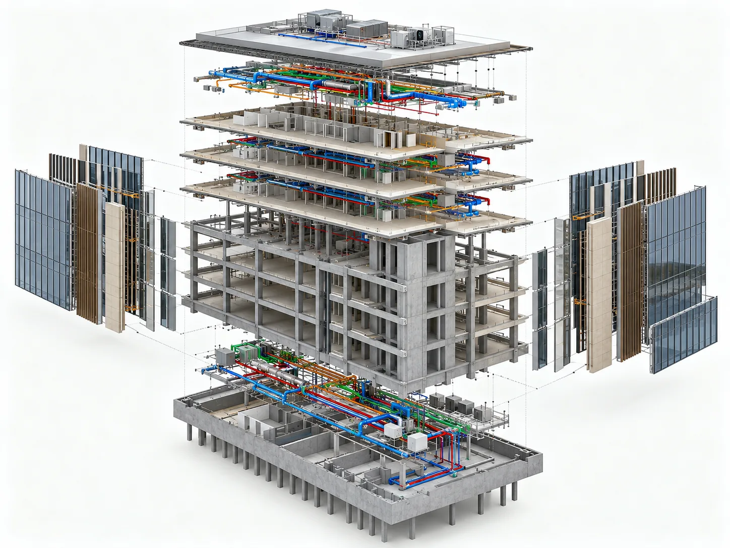 Three-dimensional building information model used for architectural structural and MEP coordination