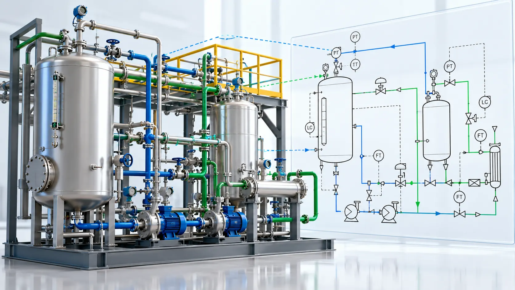 Piping and instrumentation diagram CAD documentation for industrial process piping and equipment systems