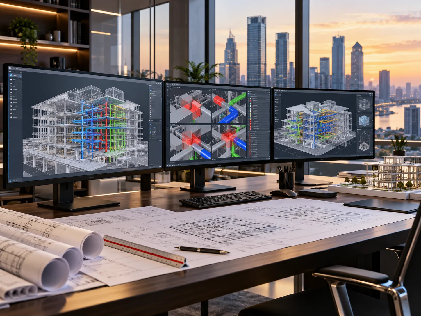 Three-dimensional BIM model showing architectural and engineering building elements used in Kuwait construction coordination