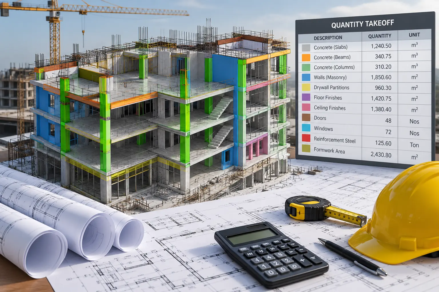 Construction drawings with quantity measurements and material takeoff markups for Virginia projects