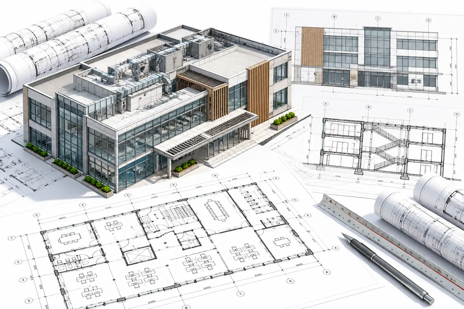 CAD drafting workflow reviewing architectural structural and MEP drawing mark-ups for a Leeds project
