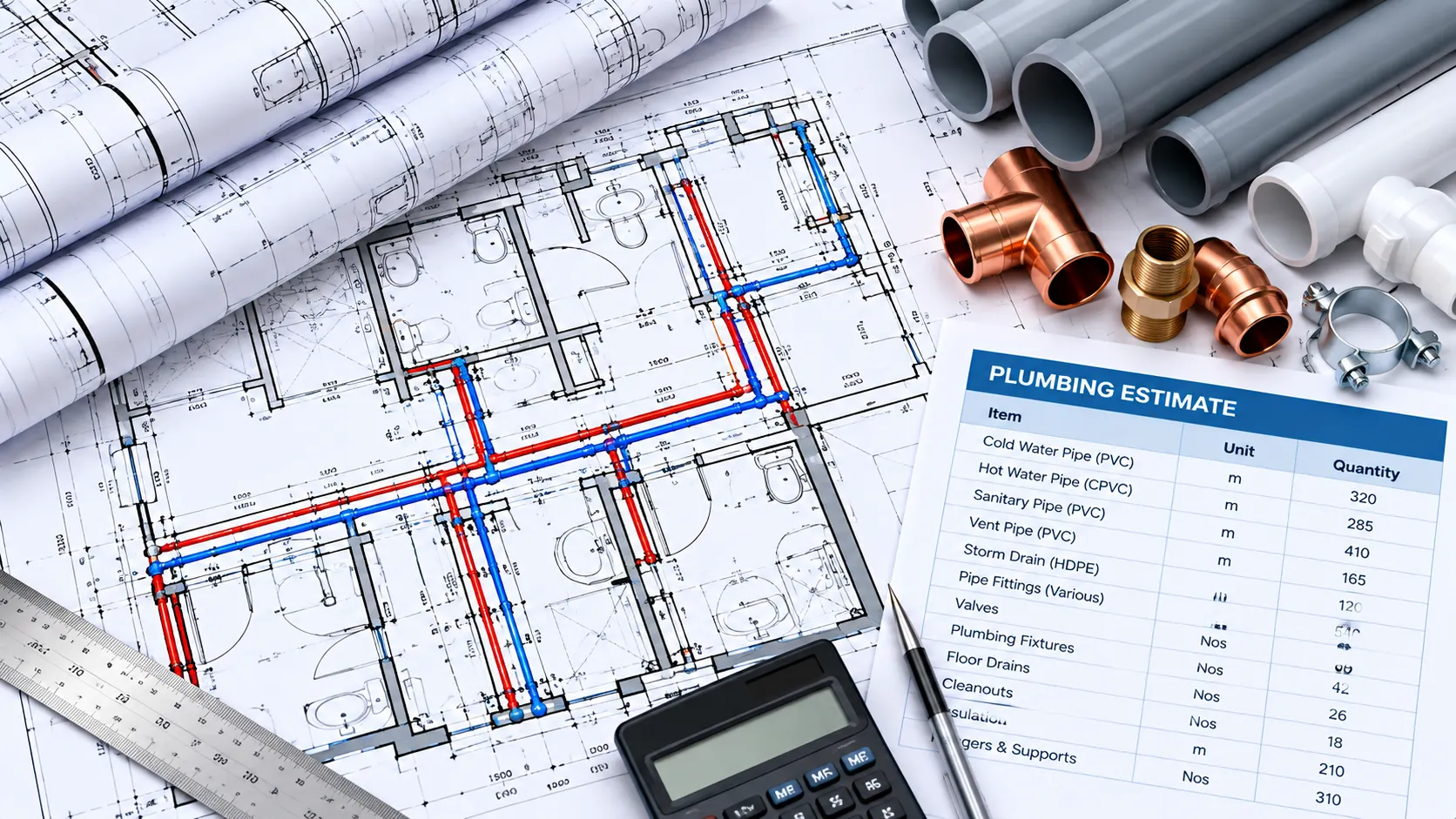 Plumbing estimating for water drainage and piping systems