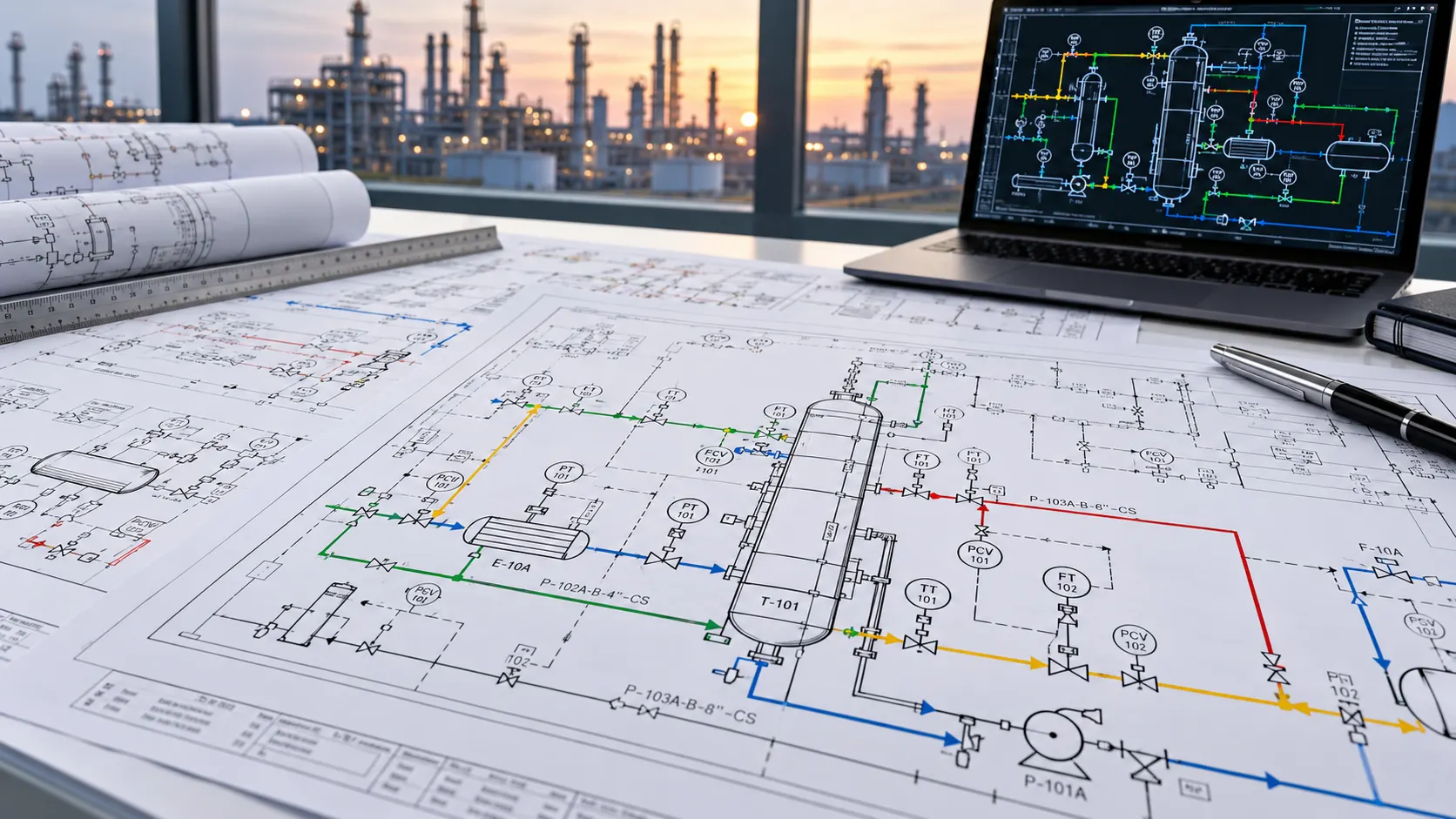 Technical piping and instrumentation diagram used to review process equipment piping valves and instrument references