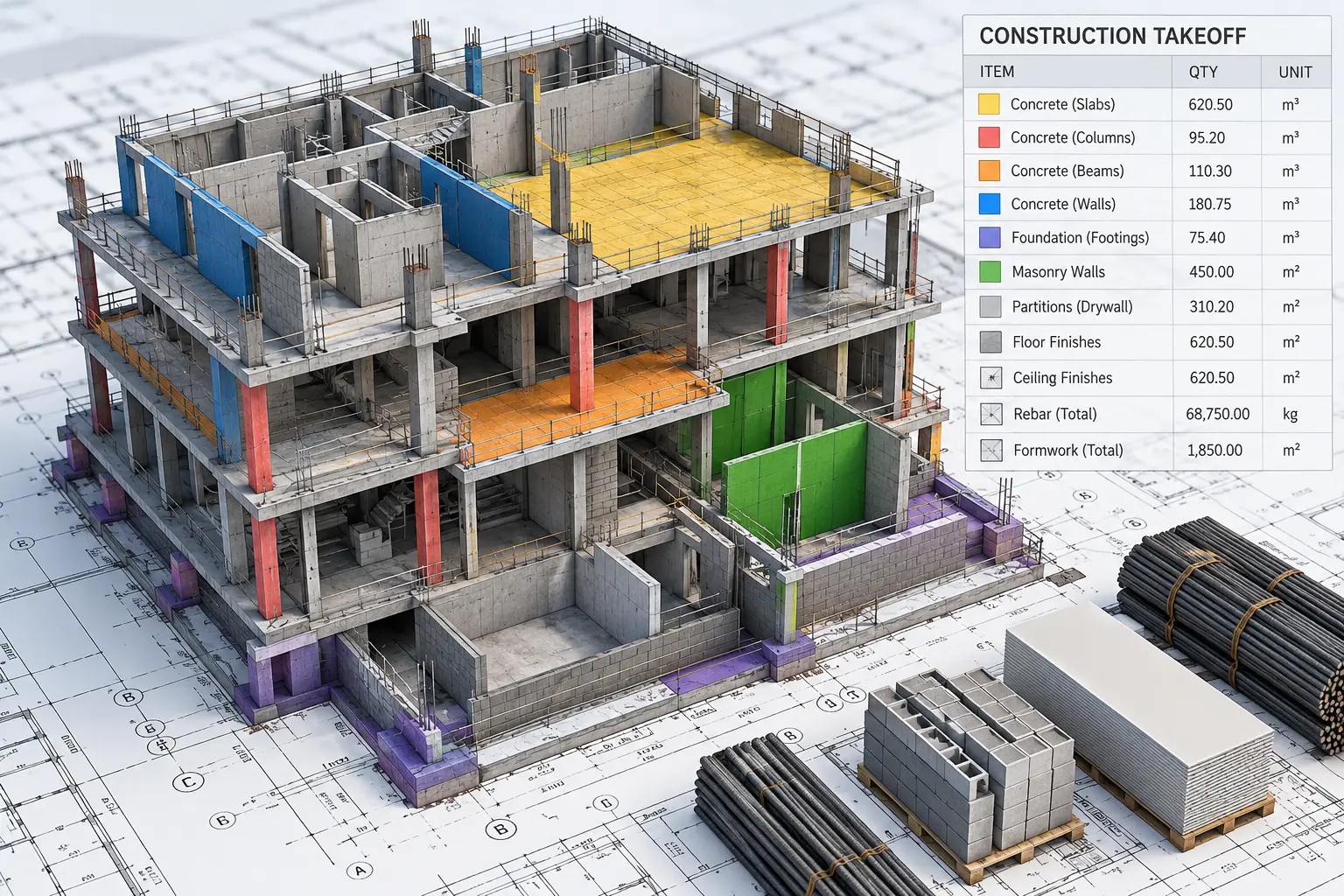 Construction takeoff workflow reviewing architectural structural and MEP drawings for Virginia projects